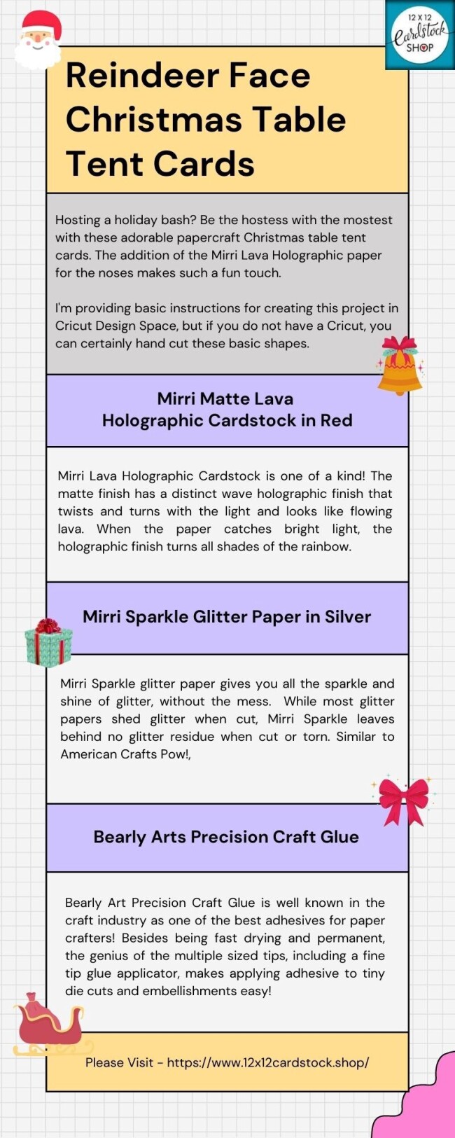 Hosting a holiday bash? Be the hostess with the mostest with these adorable papercraft Christmas table tent cards. The addition of the Mirri Lava Holographic paper for the noses makes such a fun touch. https://www.12x12cardstock.shop/