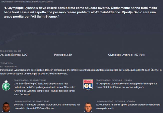 AS Saint Étienne Olympique Lyonnais Anteprima Analisi della partita